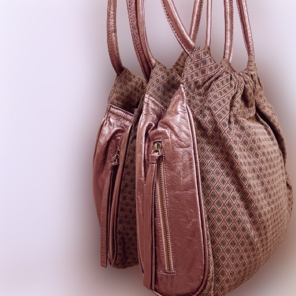 Kim WhiteLeather & Textile Tote/Shoulder Bag Bronze New